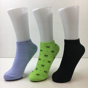 3-Pack Womens Low Cut Ankle Socks Bow Print Blue Green Black